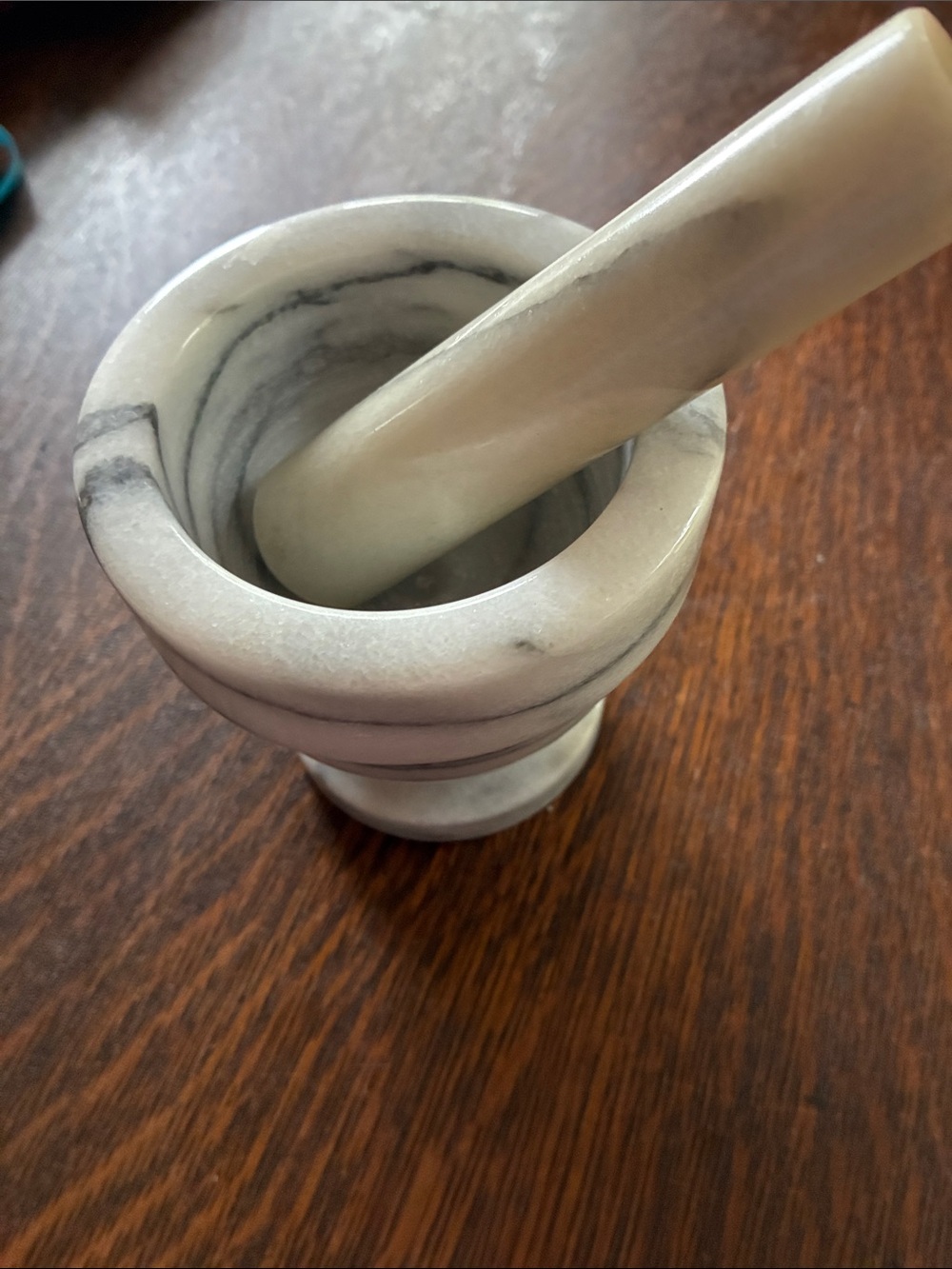 Marble Mortar and Pestle - White with Gray Veining